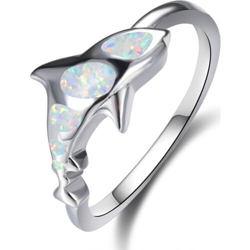 White Fire Opal Cute Shark Rings For Women Wedding Jewelry Vintage Fashion 925 Sterling Silver Animal Ring Female Luxury Gifts