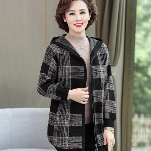 Women 2021 Spring Autumn Fashion Plaid Hooded Jackets Female Middle-aged Woolen Coats Ladies Zipper Loose Outerwear W254
