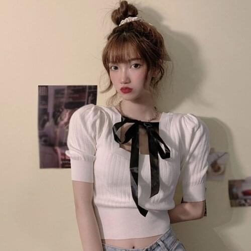 New Bow Tie Lace Square Neck T-shirt Summer Ice Silk Two Sides Wear Womens Thin Short-sleeved Top