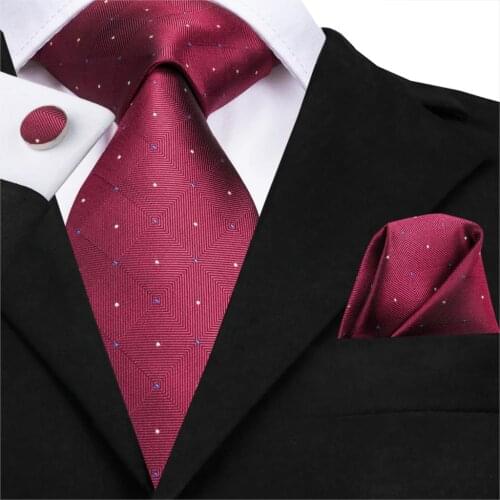 SN-3172 New Luxury Red Tie 8.5cm Silk Jacquard Woven Men Wine Red Necktie Hanky Cufflinks Set Wedding Classic Pocket Square Tie