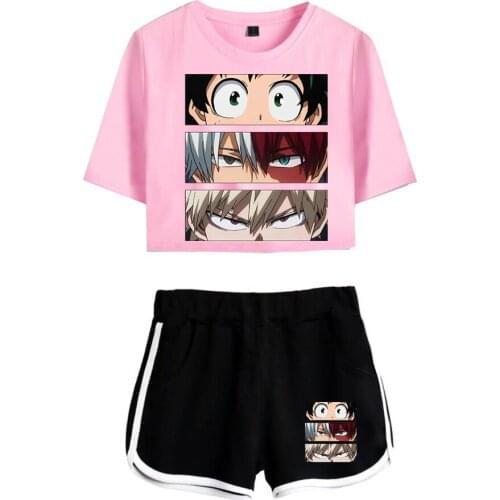 New Listing Comic My hero academia Exposed Navel Pink T-shirt+Black Shorts Womens two-piece Sets Casual Girls Summer Suits