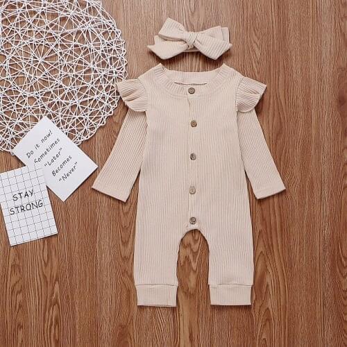 Pudcoco Autumn Newborn Baby Boy Girl Clothes Solid Color Knitting Cotton Fly Sleeve Button Romper Jumpsuit Headband 2Pcs Outfits