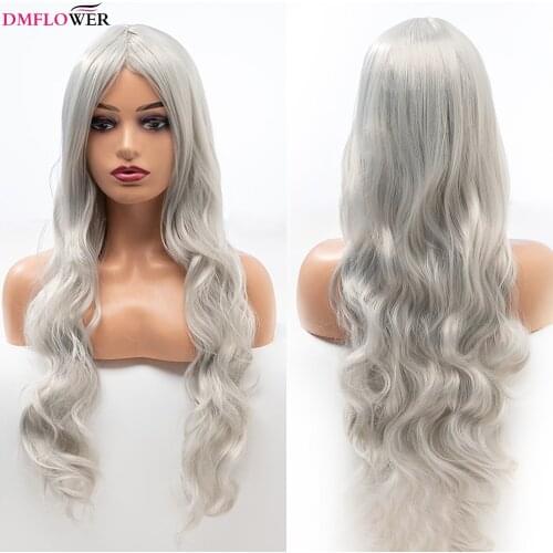 DMFLOWER-Ladies New Long Wavy Curly Hair Ladies Wig Headgear Synthetic Black Silver Brown Long Curly Hair Wig Cosplay Natural