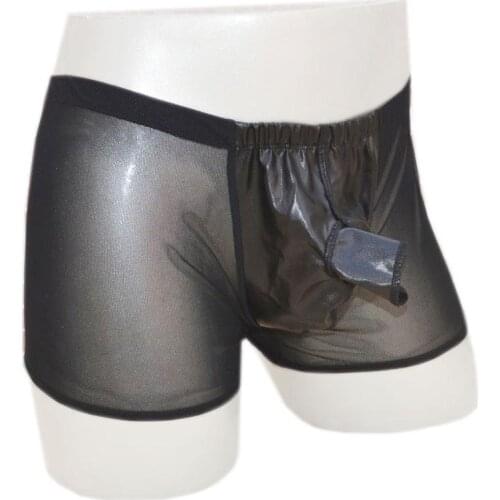 Sexy Men See-through Mesh Sheer Boxer Brief Shorts with Wet Look Crotch Pouch and Open Front Sheath Underwear Bottom Lingerie