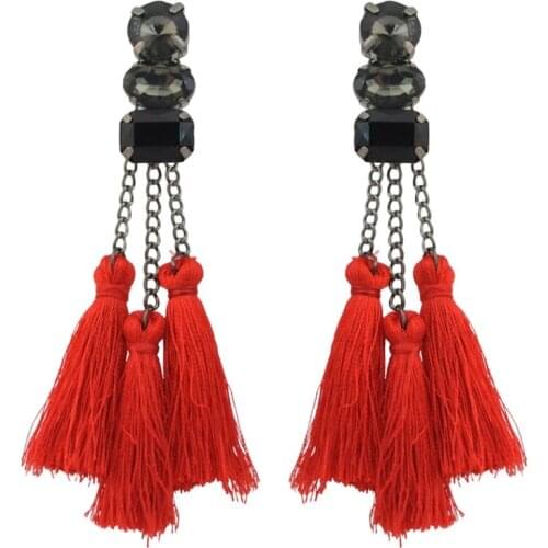 Vintage Black Gun Metal Red Black Fringe Tassel Ladies Hanging Earrings for Boho Rhinestone Cotton Earring Birthday Jewelry