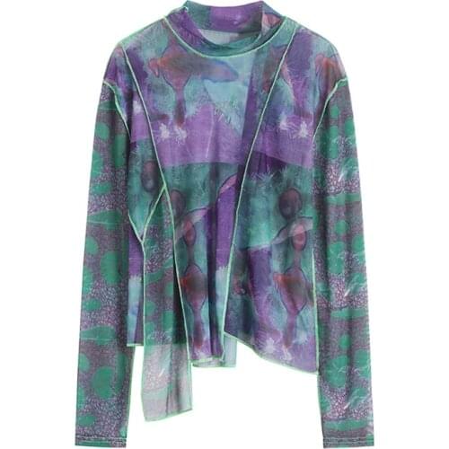 Autumn Pullover Color Contrast Printing Irregular Splicing Full Sleeve Gauze Mesh Elastic Slim Breathable Women T shirt 2021 New
