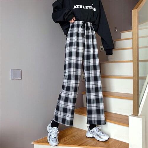 Harteen Womens Clothing 2021 Summer Wide Leg Plaid Pants Korean Fashionable High Waist Loose Casual Trousers Pantalones De Mujer
