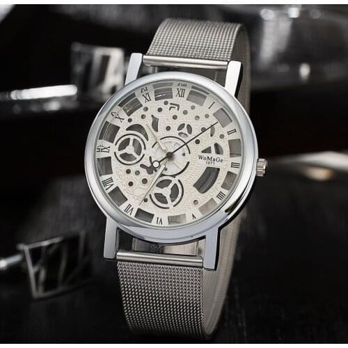 Womage Personality Double Faced Hollow Quartz Mesh Steel With Atmosphere Roman Scale Mens Business Watch