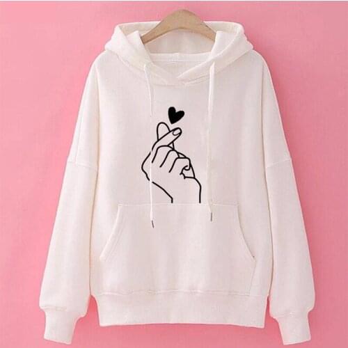 Women Hoodies Casual Kpop Finger Heart Love Pattern Hooded Sweatshirts Fashion Long Sleeve Female Pullovers Coat Bangtan