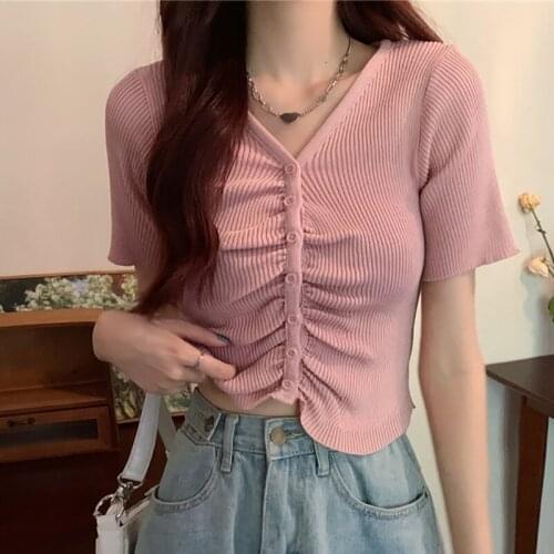 Short Pullovers Button Folds Women Sweater Summer Short Sleeve Thin Womens 2021 New Knitted Elastic Woman Clothes Sweater Femme