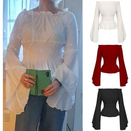 Medieval Renaissance Court Ruffle Women Viking Top Shoulder Off Women Elastic Waist Ruffle Sleeve Halloween Cosplay Costume Top