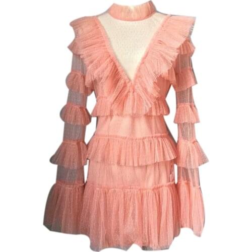 Spring Designer Runway Dress 2019 Sexy Elegant Ruffled Flare Sleeve White/Black/Pink Mesh Lace Patchwork Mini Dress Vestido