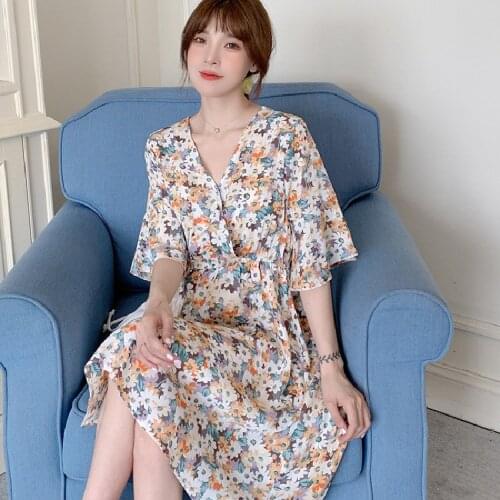 Korean Plus Size Chiffon Floral Dress Female 2021 New Summer Fashion V-Neck All-Match Vintage Little Daisy Fairy Dresses A666
