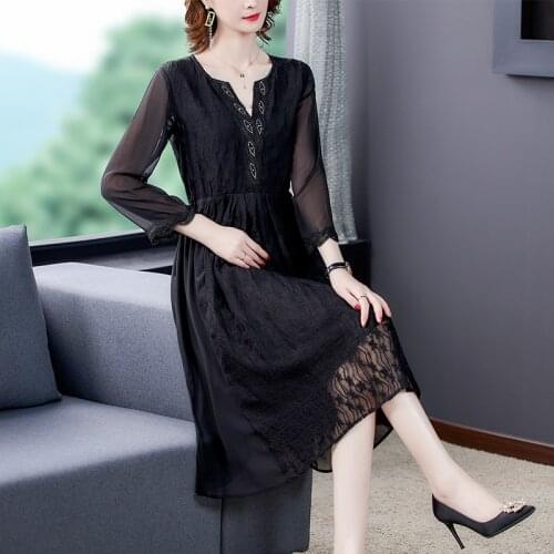 2021 Spring Vintage Black Mulberry Silk Midi Dresses Casual 5XL Plus Size Lace Solid Dress Elegant Women Bodycon Party Vestidos