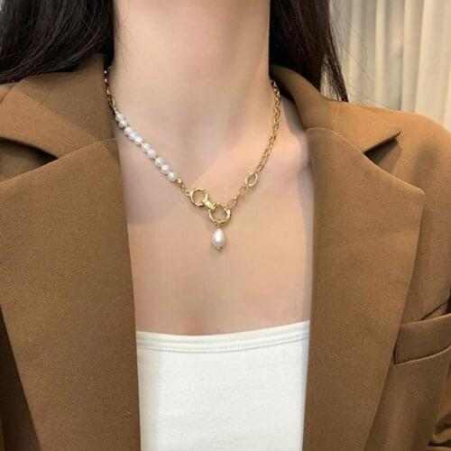 1PC Irregular Elegant Natural Freshwater Pearl Pendant Necklaces for Women Chunky Chain Circles Baroque Necklaces For Party Gift