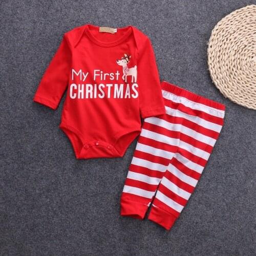 2018 New 2 Pieces Baby Girl Christmas Coming Home Outfit Red Romper and Matching Striped Leggings for Christmas 0-24Months