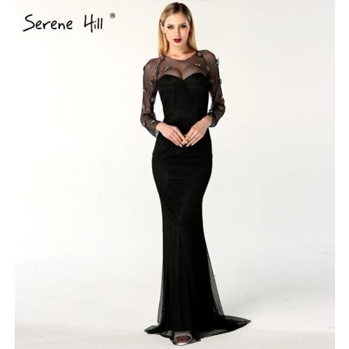 Arabic Long Sleeve Turkish Black Tulle Mermaid Formal Evening Prom Party Gown Dress Abiye Gowns Dresses BLA6538