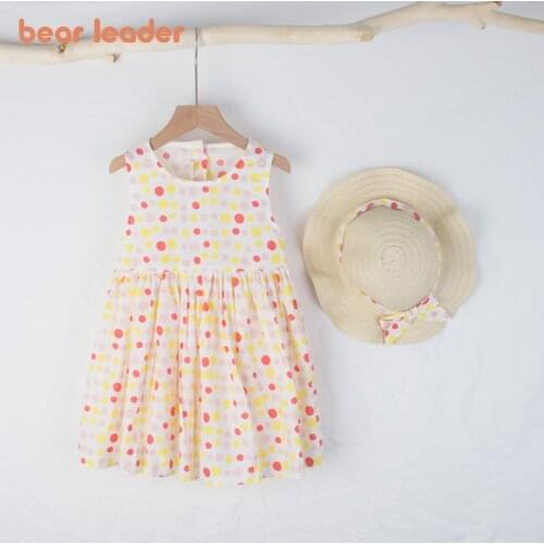 Bear Leader Kids Girls Princess Summer Dresses Fashion Baby Girl Polka Dot Costumes Holiday Beach Casual Clothing With Straw Hat