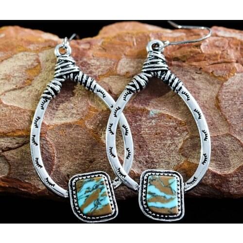Bohemian Big Hollow Metal Turquoises Stone Earrings Exaggerated Jewelry Indian Tribal Water Drop Dangle Earring Brincos Z4D399