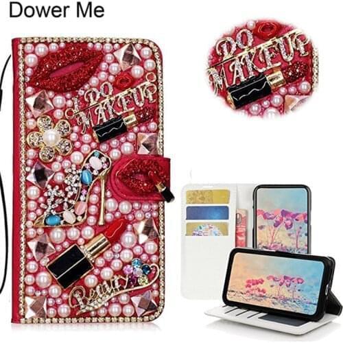 For Iphone 12 Mini 11 Pro XS Max XR X 8 7 6 6S Plus SE Pearl Diamond Lipstick Kiss Flower Handbag Flip Wallet Leather Case Cover