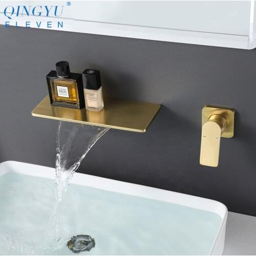 QINGYU ELEVEN Brushed Gold Brass Basin Faucet Waterfall Output Hot And Cold Water Wall Mounted Split Independent Switch Faucet