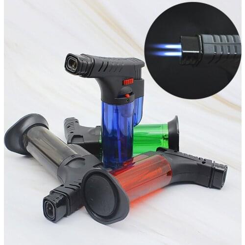Double Flame Windproof Visual Gas Box Turbo One Key To Lock The Flame Butane Gas Spray Gun Lighter Cigarette Cigar Accessories