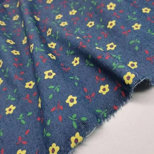 Floral Denim Jean Fabric Non Stretchy Trousers Shirt Dress Material Handmade Craft
