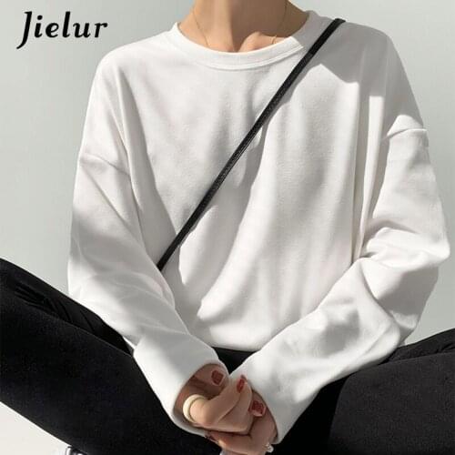 Jielur Black White T-shirt Women Full Sleeve Simple Loose O-neck Solid Color Long Top 2021 Spring Autumn Unisex T shirts S-XL