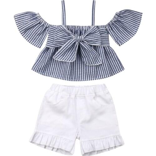 2019 Toddler Baby Girls Clothes Set Summer Kids Striped Outfit Bowknot Suspender Top+Shorts 2pcs Children Clothing Set 2-7T