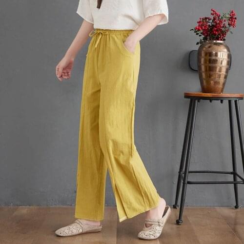 M-3XL Plus Size Cotton Linen Casual Pants Women Vintage Womens Trousers Drawstring waist Loose Split Summer Flared Pants C7280