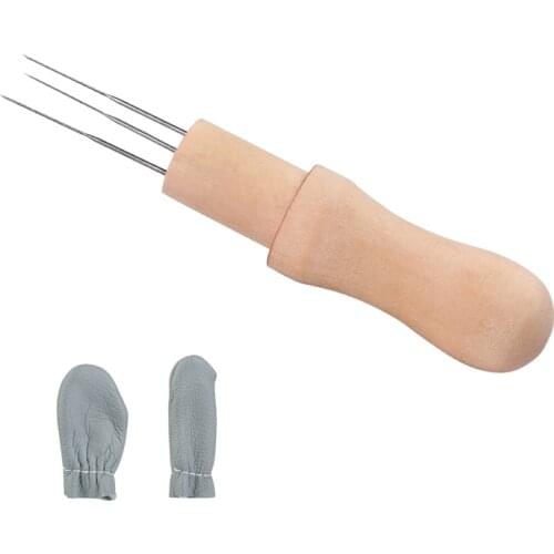 Nonvor Wool Felting Needles Tool Kit Solid Wood Handle Felting Three Needles Tool With Random Color Leather Finger Cots