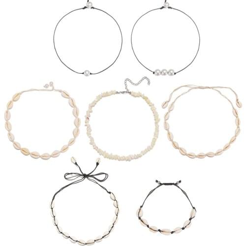 7 Pcs/Sets Charm Alloy Shell Adjustable Beads Necklace Vintage Bride Wedding Long Chain Choker Necklace Women