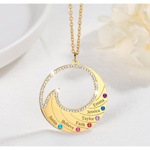 Personalized Round Wave Necklace For Family With Birthstones Custom Engraved Name Pendant Necklaces Charms Jewelry For Mom Gift