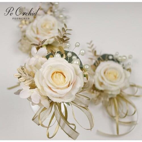 PEORCHID Champagne Wedding Breslet Wrist flower For Groom Boutonniere Pin Alfileres Decorativos Bridesmaid Bracelet Corsages