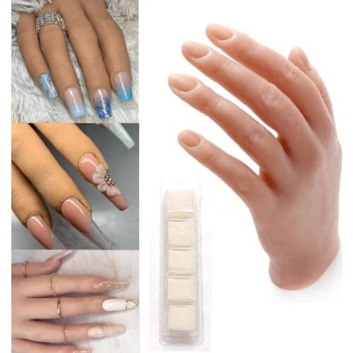 Practice hand with fake nails with Flexible Fingers Adjustment Nails Display silicone hand manicure hand model mano de practica