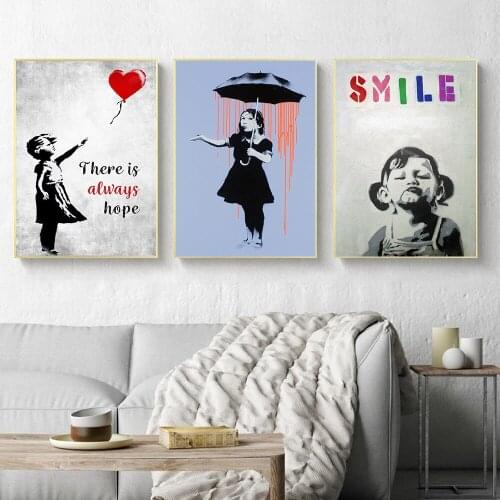 Self-adhesive Wall Stickers IGraffiti Street Girl with Balloon There Is Always Hope Smile Wall Art Painting Wallpaper Home Decor