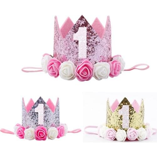 1Pcs First Birthday Hat Baby Show Accessories 1 Year Old Glitter Rose Decor Birthday Crown Wedding Party Supplies