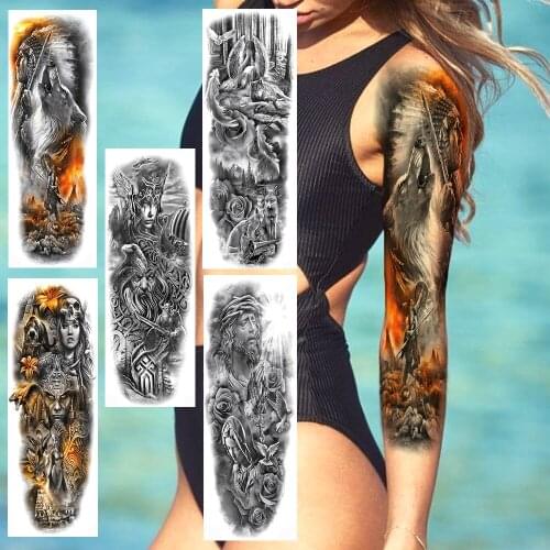 Full Arm Indian Tribal Warrior Temporary Tattoo Sticker For Men Women Wolf Knight Jesus Gods Tatoos Body Art Fake Tattoos Decals