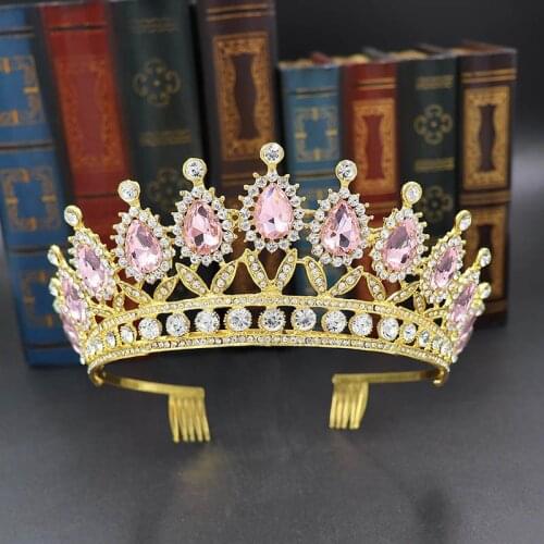 Gorgeous Pink Crystal Headbands Queen Tiaras and Crowns With Comb Bridal Hairband Girls Party Wedding Hair Jewelry Accessories