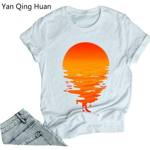 Yan Qing Huan 2019 Summer New Sunset Graffiti Pattern Tees Round Neck Cotton Tops Large Size S-5xl Short Sleeve Womens T-shirt