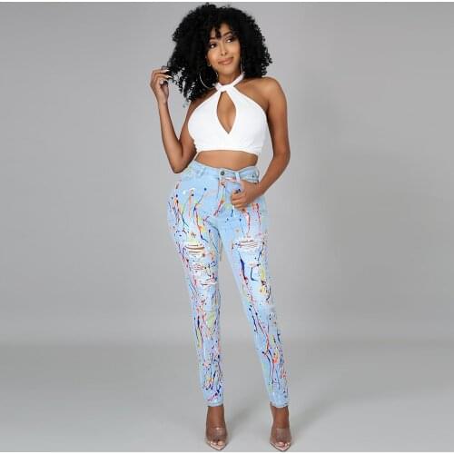 2021 Women Jeans Splash Ink Printed Elastic Hollow Hole Sheath Long Pencil Denim Pant Fashion Streetwear Female Bodycon Trouser