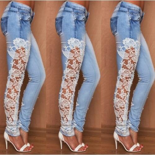 Women Jeans Femme Pantalo Stretch Lace Floral Side Spliced Denim Trousers Hollow Out Slim Pencil Pants