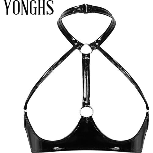 Womens Erotic Lingerie Open Cups Bra Top for Sex Wet Look Patent Leather Sexy Halter Neck Backless Wire-free Unlined Bra Top
