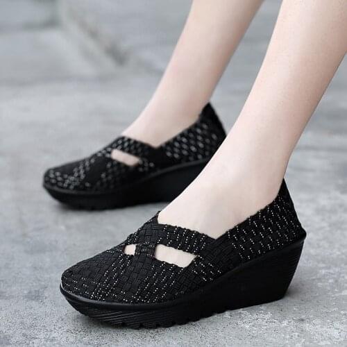Women Shoes Flats 2020 Fashion Summer Sneakers Slip On Breathable Platform Woven Shoes Casual Footwear Handmade Big Size 41