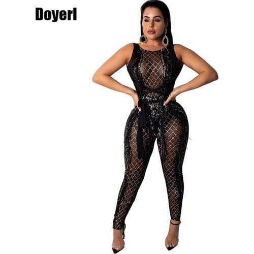 Backless Criss Cross Bandage Jumpsuit Women Mesh Sheer Sleeveless Geometric Sequin Romper Christmas Nightclub Sparkly Overalls