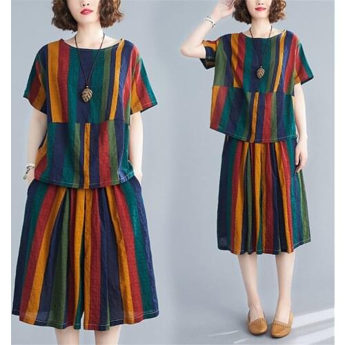 Women Two Piec Set Rainbow Stripe top And pant Set Summer Short Sleeve O-neck Casual Outfit For Woman