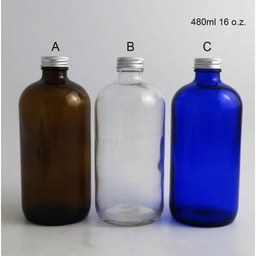 120 x Big Capacity 480ml Amber Clear Blue Boston Round Glass Bottles with Aluminum Caps 16oz Refillable Glass Packaing Container