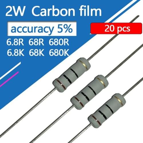 20pcs/lot 2W Carbon film resistor Four color circle 0.68R 6.8R 68R 680R 6K8 68K 680K 6.8K Ohm 5% 2W resistance