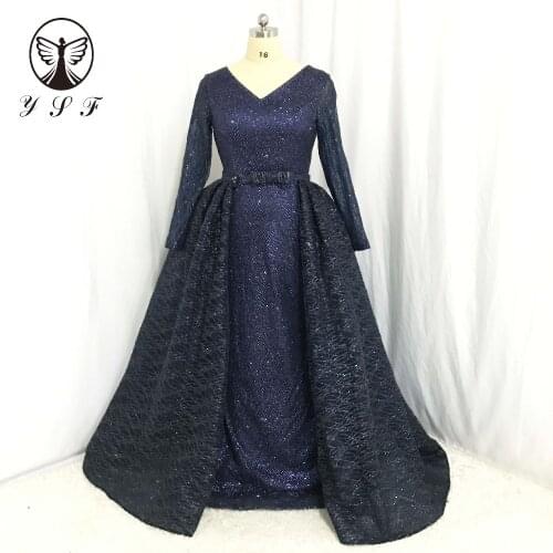 2018 Designer Vestidos De Formature Dark Navy V Neck Bling Bling Mermaid Prom Dresses with Overskirt