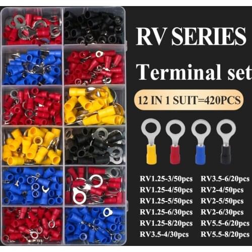 420Pcs/Box RV Ring Terminal Crimp Connector 12 in 1 0.5-6mm2 Eletrical Wire Cable End Butt SV Bullet Plug Copper Insulated Cord